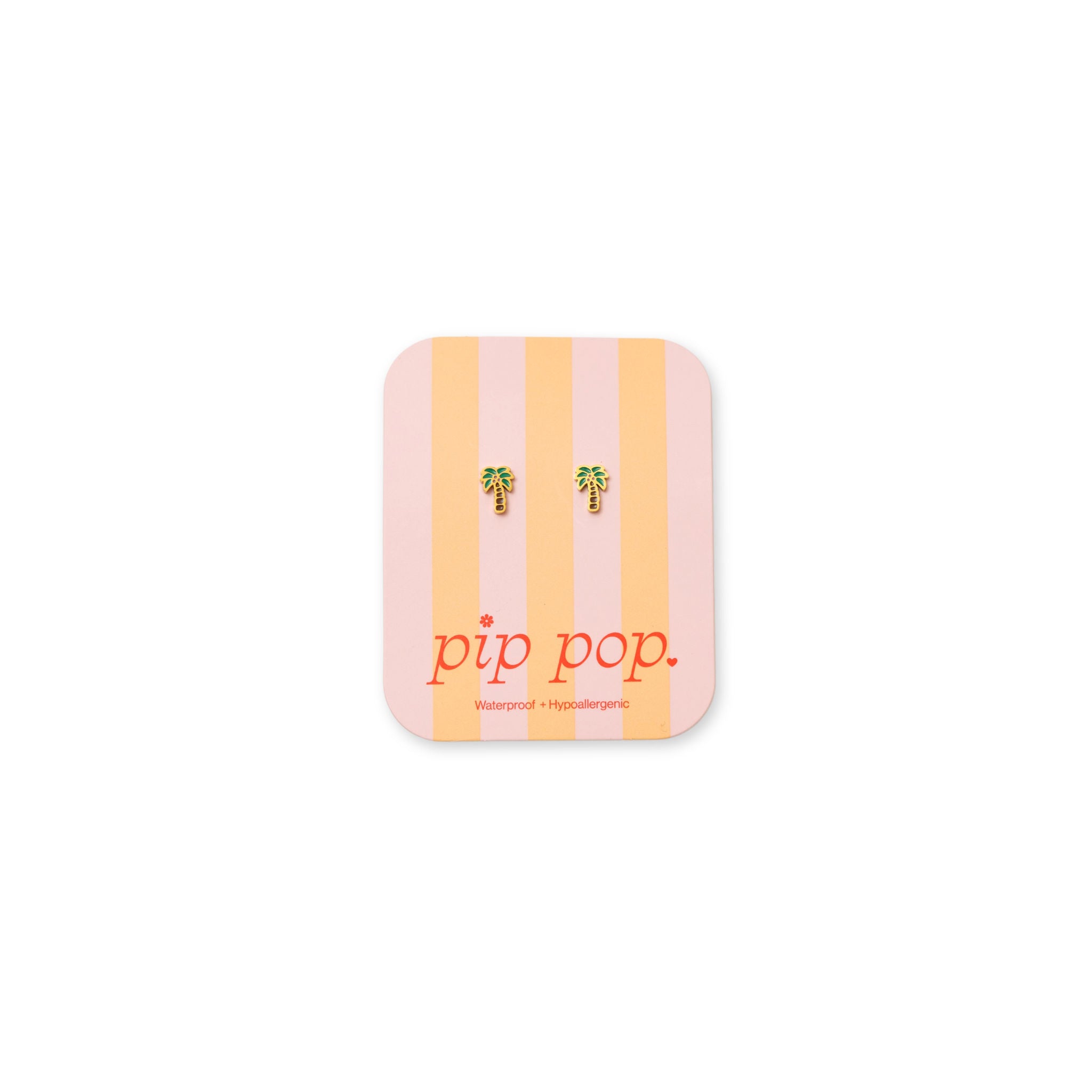 Enamel and gold palm tree stud earrings on earring card
