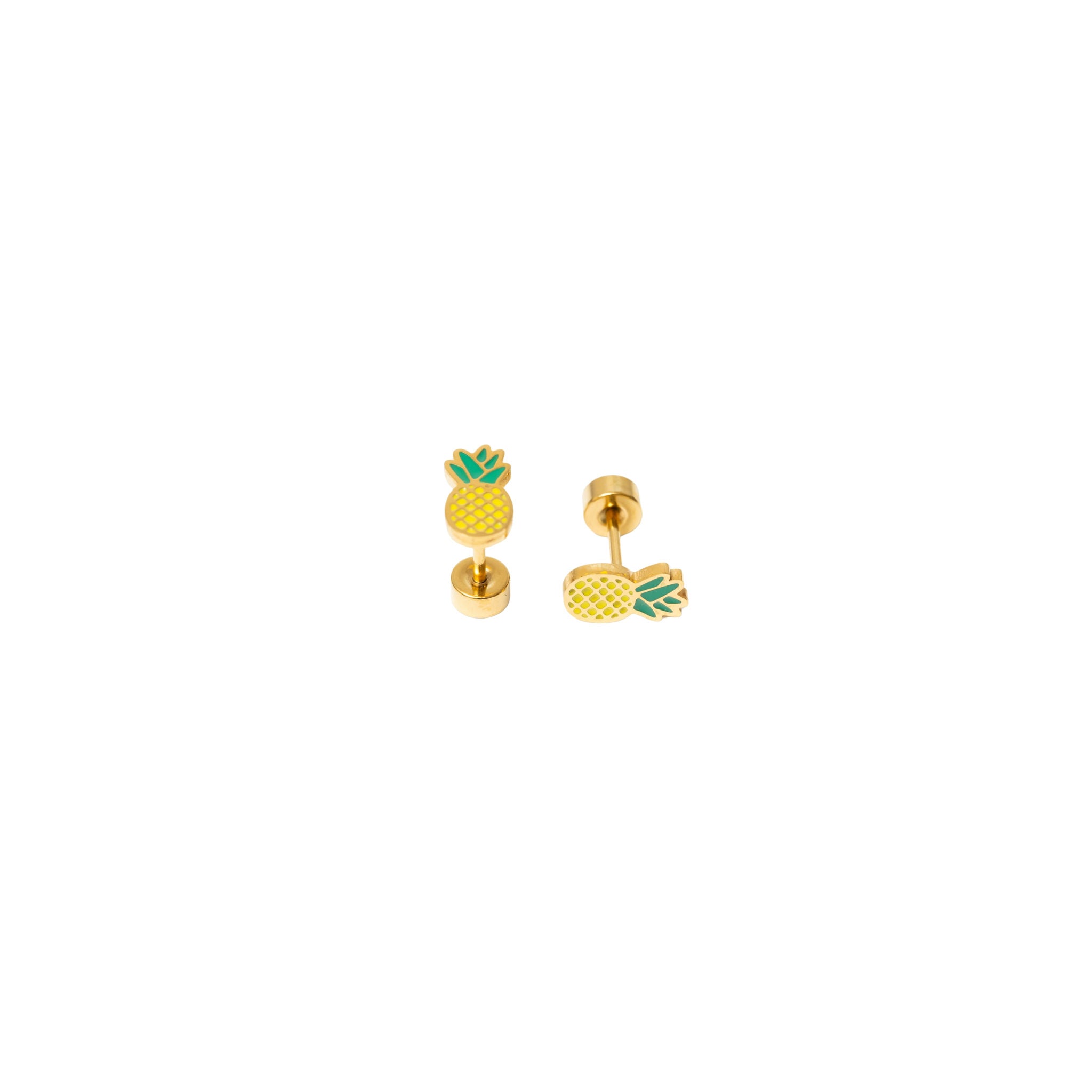 Two pineapple enamel gold studs on a white background 