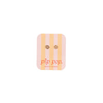 Square earring card with striped design and 'pip pop' branding on a white background