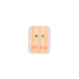Square earring card with striped design and 'pip pop' branding on a white background