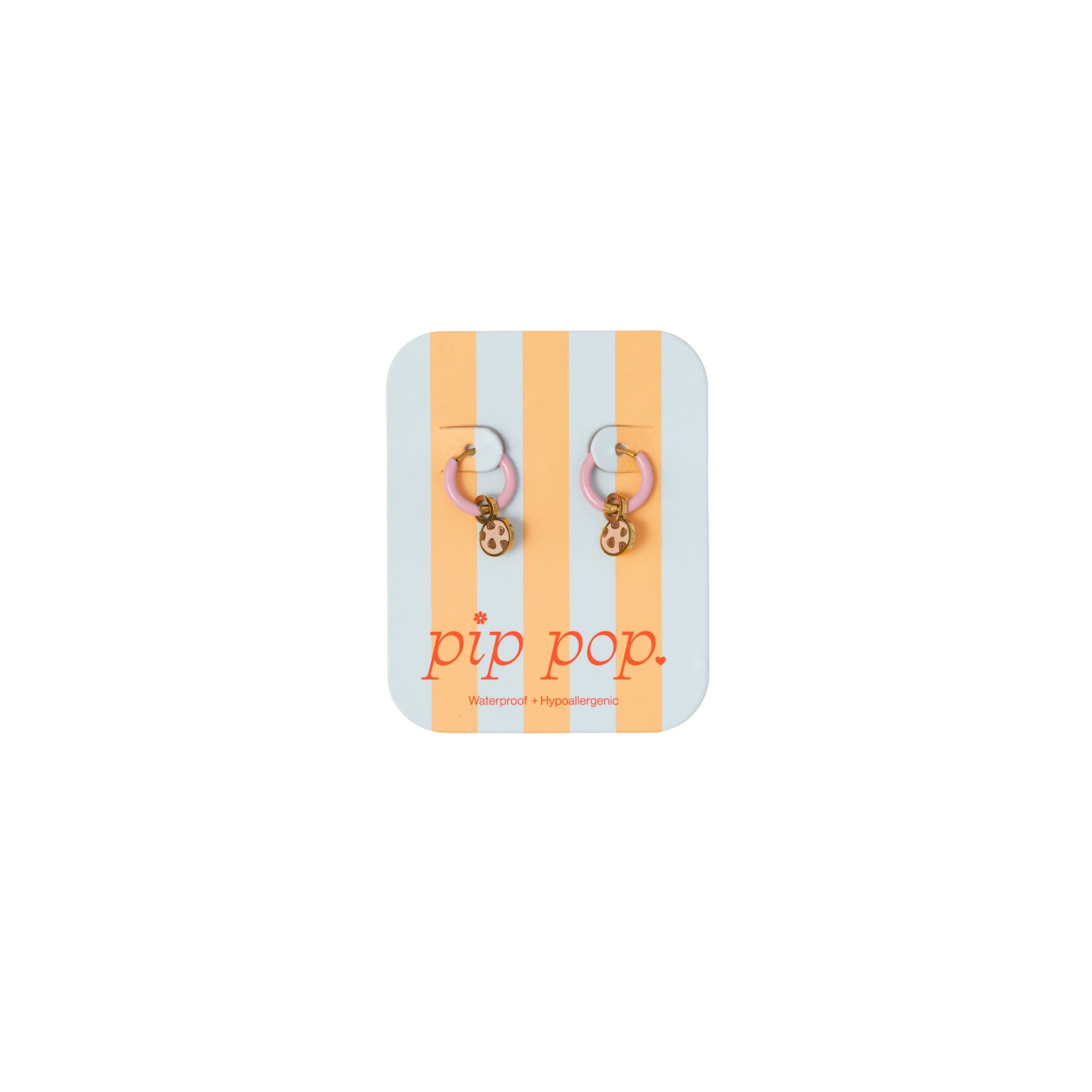Chocolate chip charm on enamel hoop on product earring card