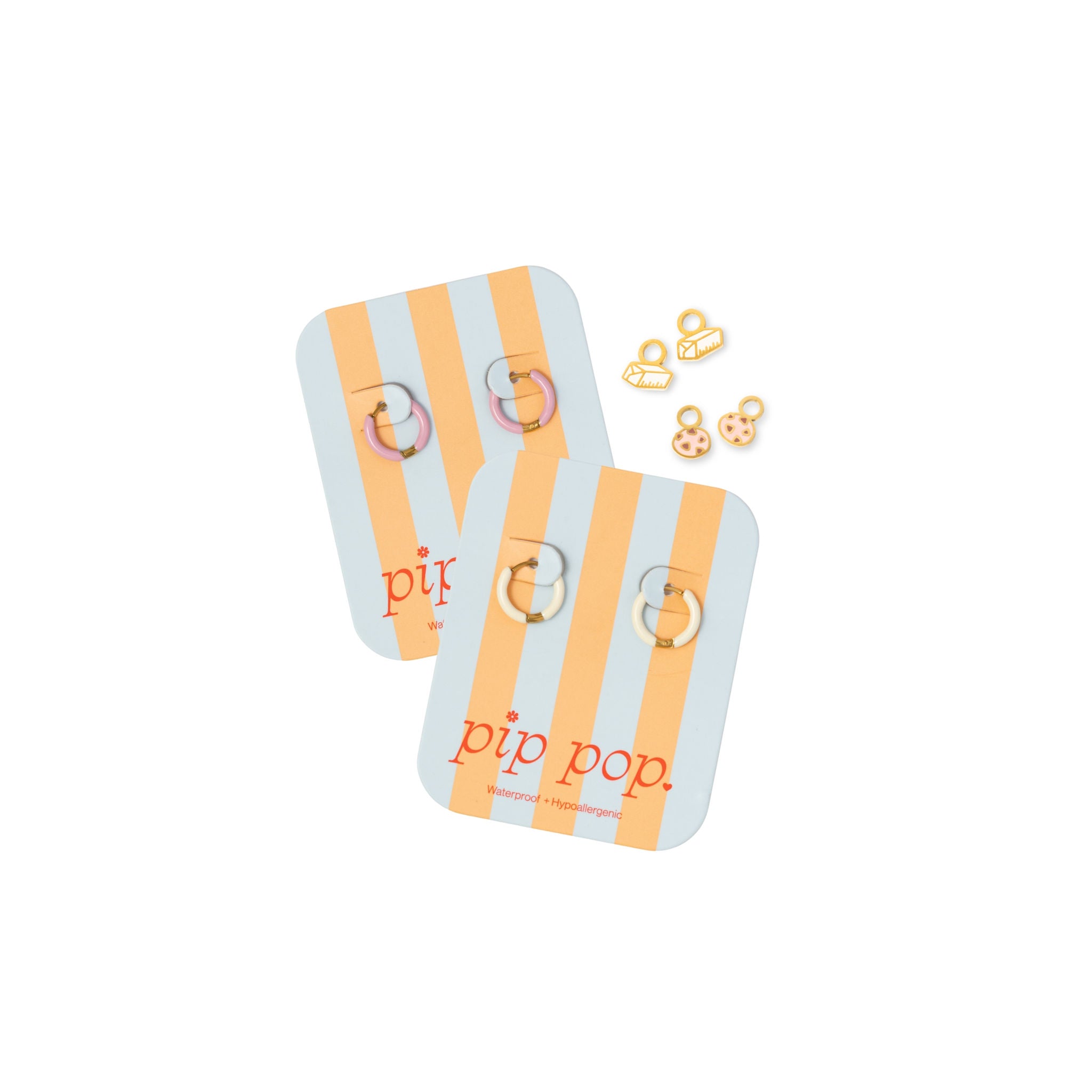 Two packages of pip pop with gold rings on a white background