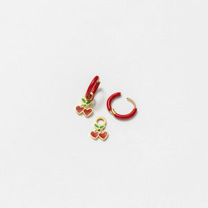 Cherries Charm + Red Enamel Hoop Set