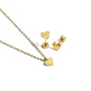 Gold heart-shaped necklace and earrings set on a white background