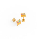 Gold colorful enamel crayon earrings with colorful design on a white background