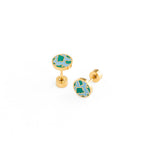 Pair of gold blue & green earth earrings with green accents on a white background