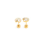 Gold paint artist palette earrings on a white background