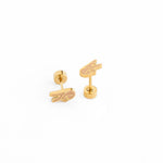 Gold peace sign earrings on a white background