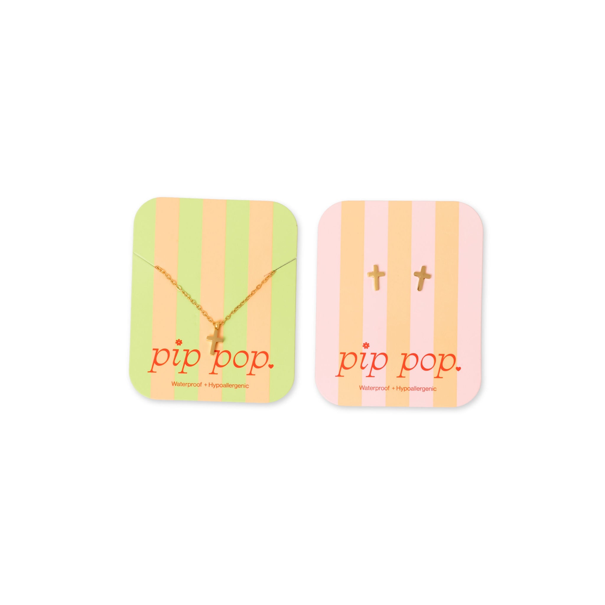 Pip Pop hypoallergenic cross necklace and earring set for girls — nickel-free kids jewelry set