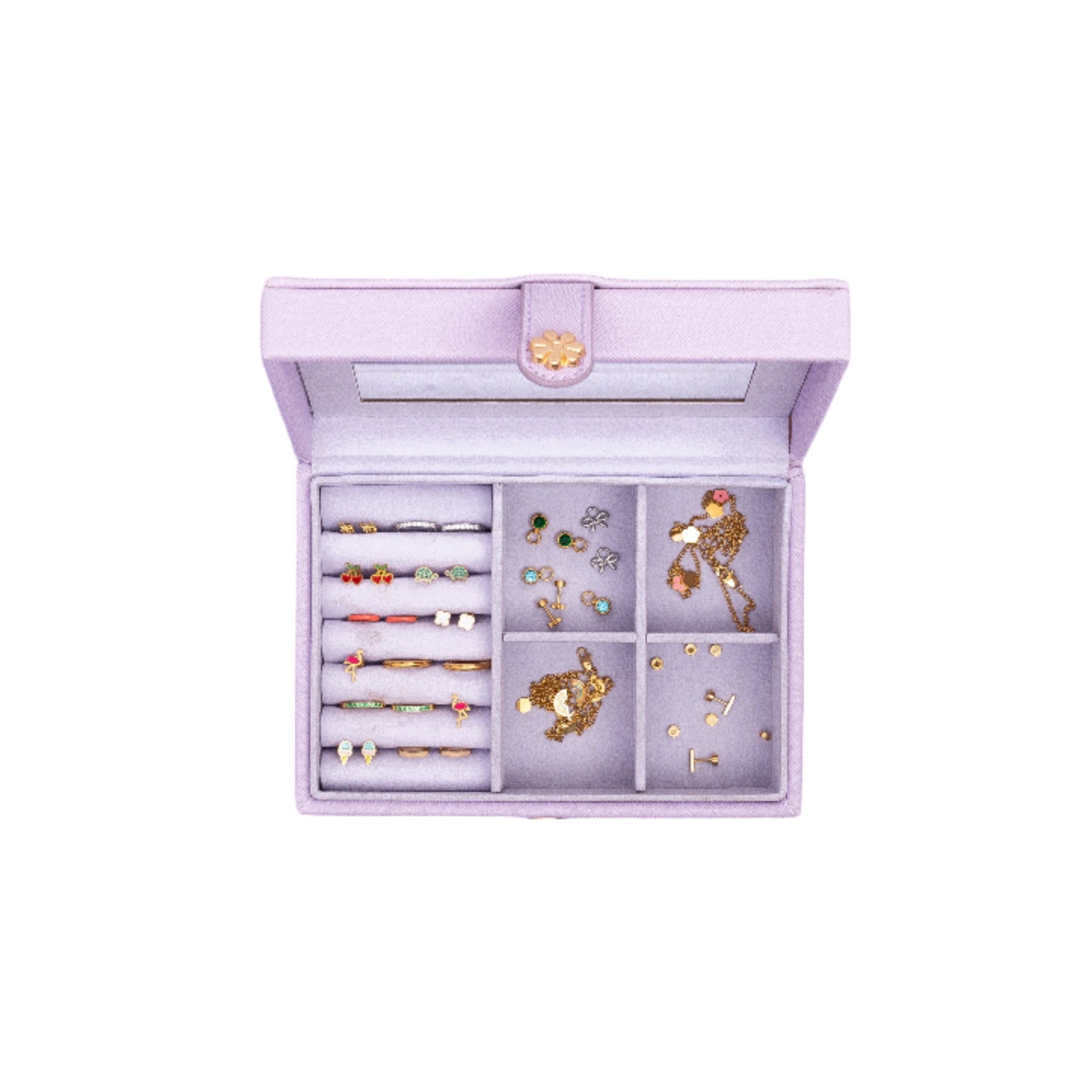 Purple kids jewelry box filled with Pip Pop hypoallergenic stud earrings — earring storage for girls