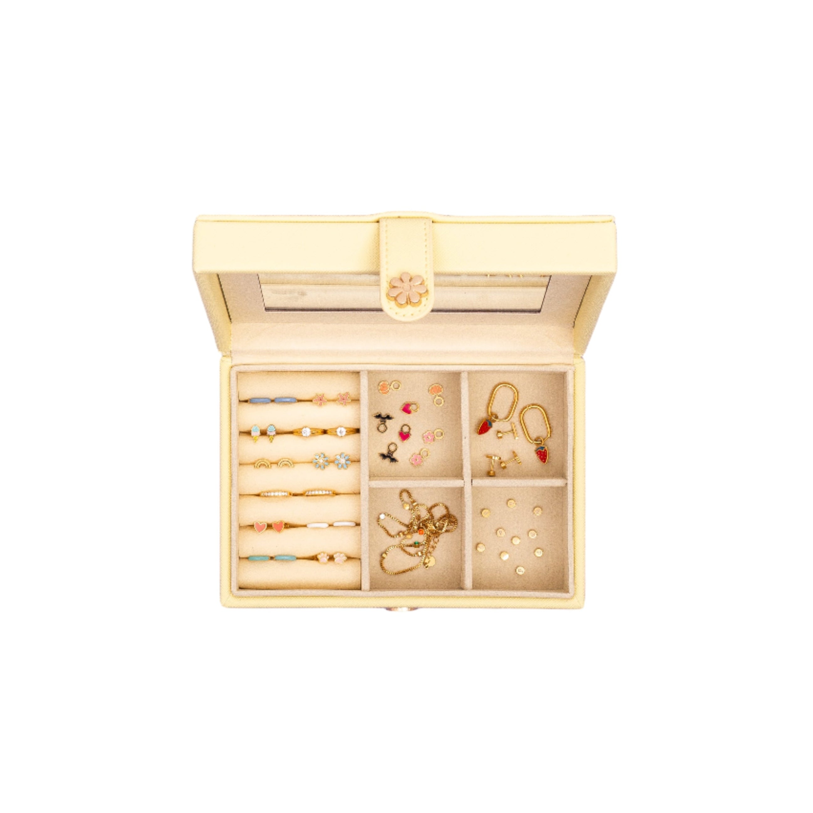 Yellow kids jewelry box filled with Pip Pop hypoallergenic stud earrings — earring storage for girls