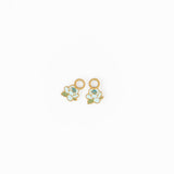 Pair of gold charm earrings with blue and green enamel on a white background