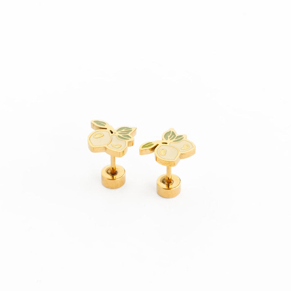 Gold lemon earrings on white background
