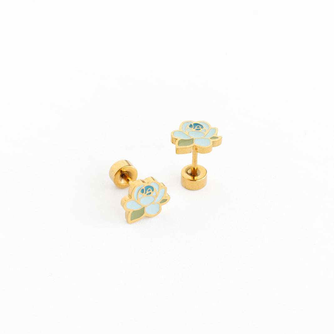 Pair of gold earrings with blue and green floral designs on a white background