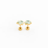 Pair of gold flower-shaped earrings with gemstones on a white background