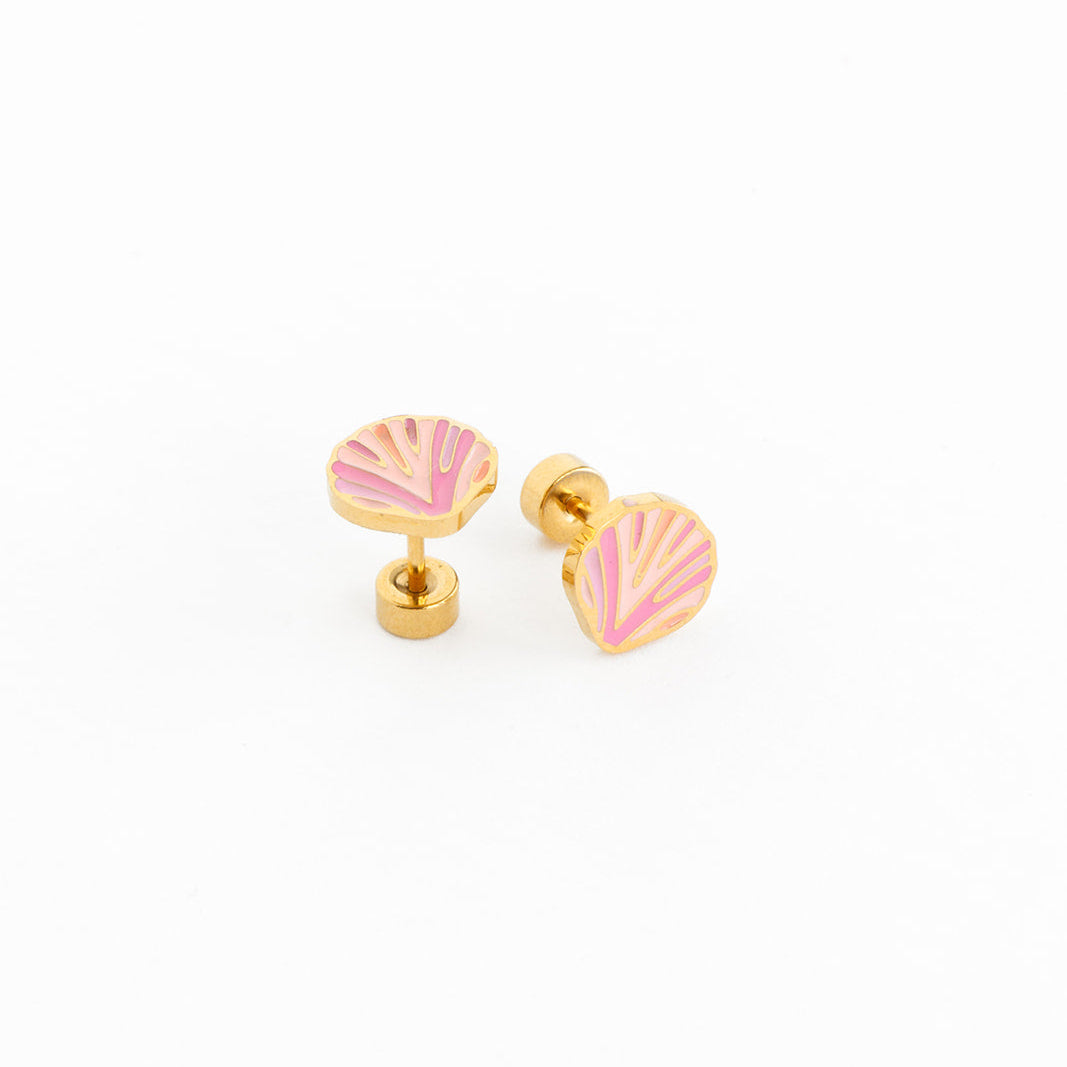 pair of pink gold seashell earrings on white background