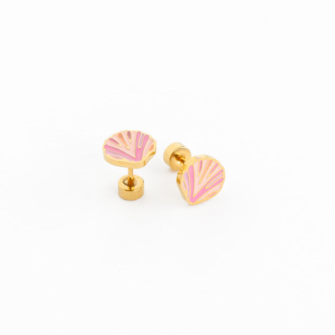 pair of pink gold seashell earrings on white background