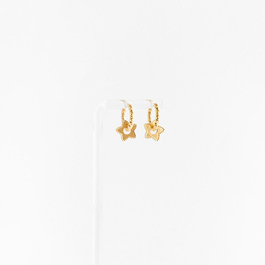 Gold Star Braided Hoop earrings hanging on whit earring display